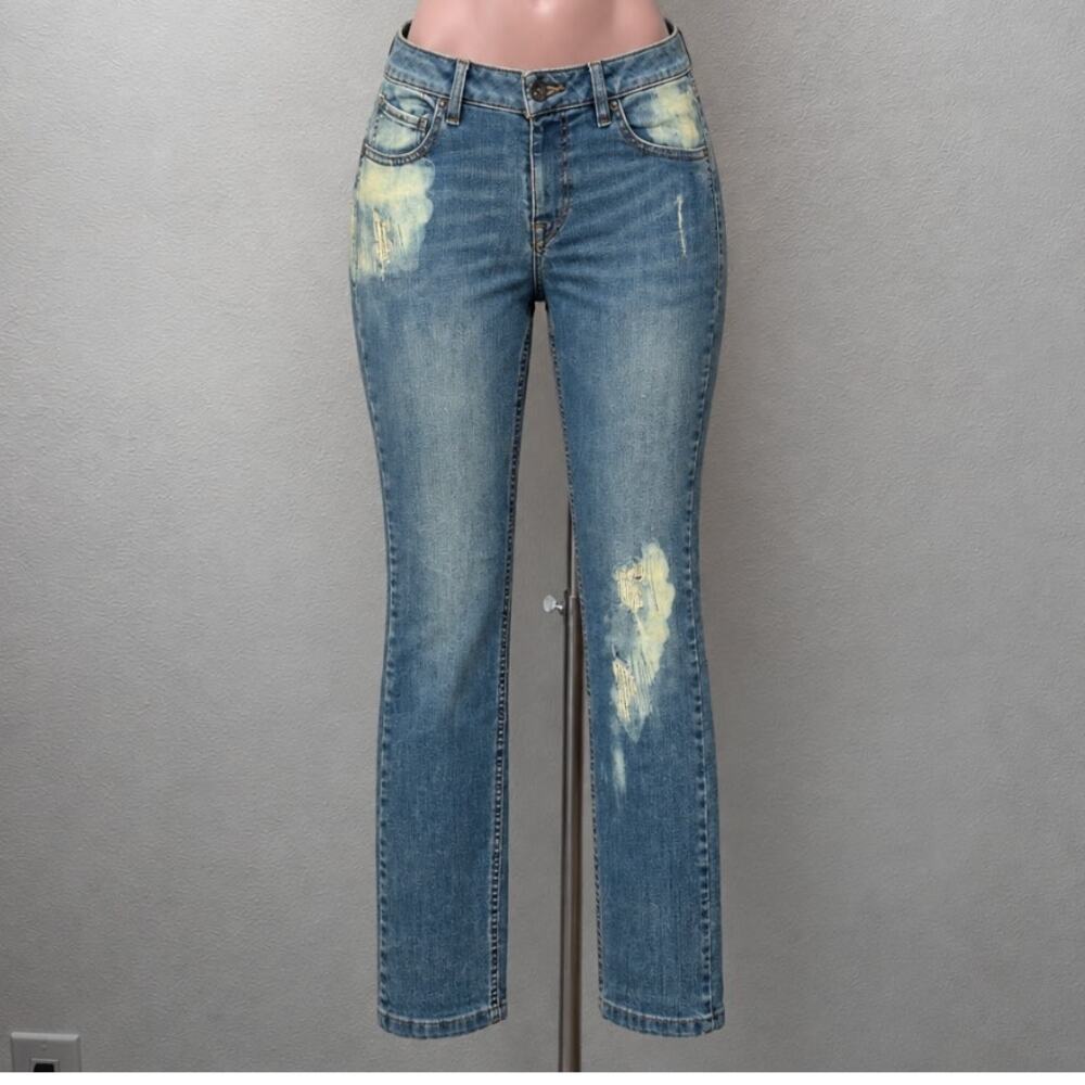 VINTAGE Volcom Stix Skinny Jeans Medium Wash Bleached Distressed Patched Denim